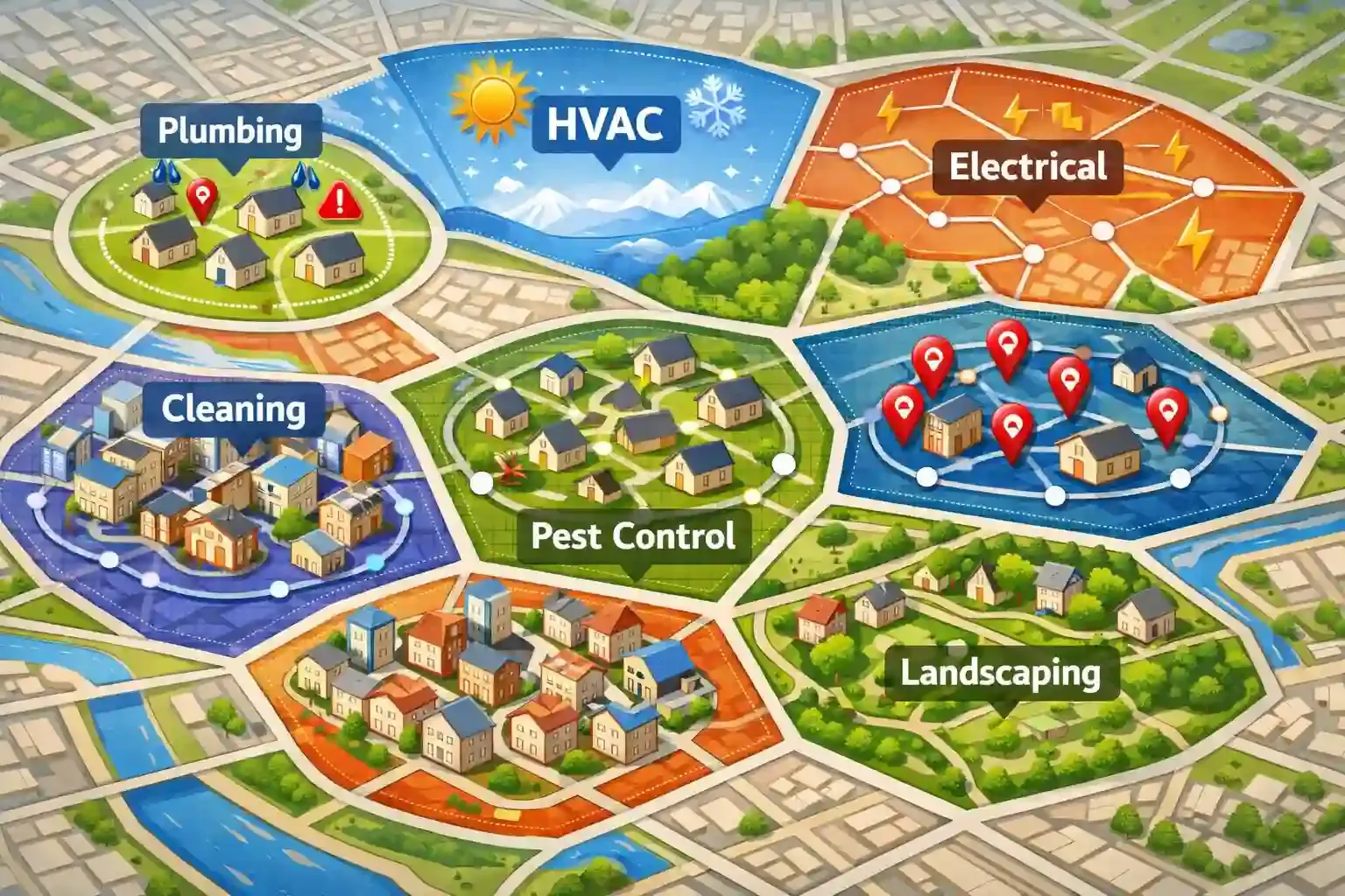 City map showing service zones for plumbing, HVAC, cleaning, and more